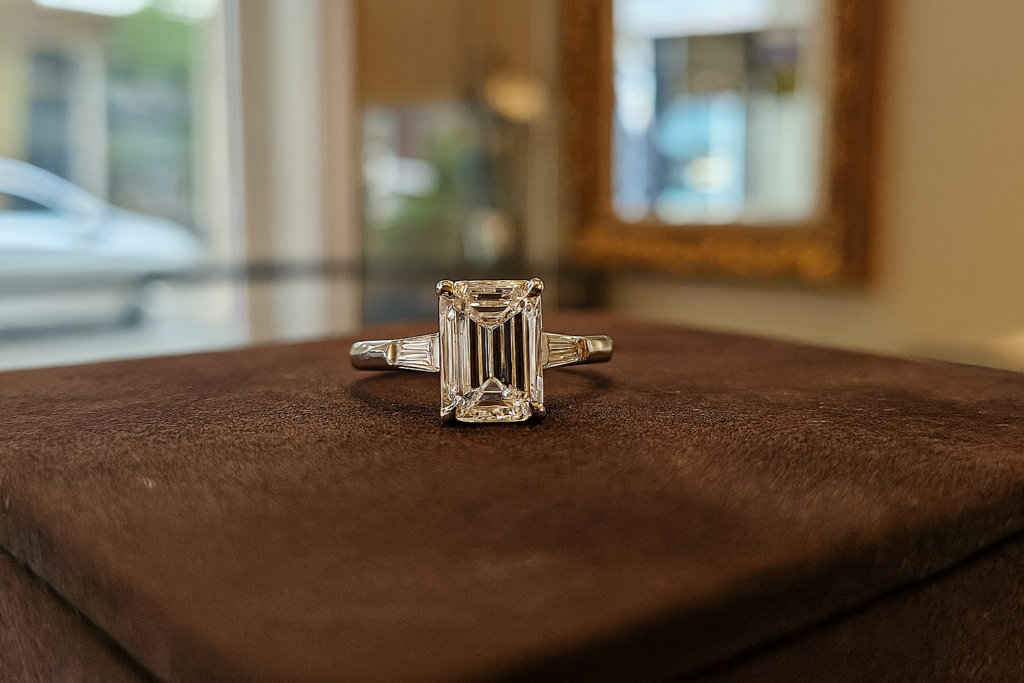 Diamantring verkaufen in Berlin: Ring mit Stein im Smaragdschliff und Baguette-Seitensteinen wird im Fachgeschäft bewertet